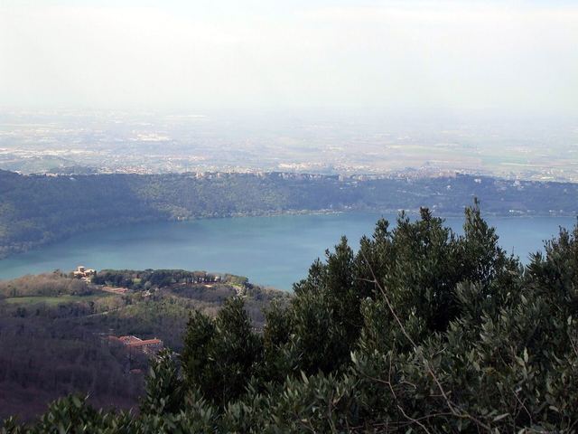 Castel Gandolfo on the rim of the volcanic crater above Lake Albano, the Papal Palace dome at the top of the town