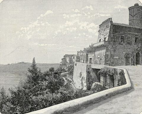 Nemi on its ledge above the smaller crater lake, on the Castelli Romani side of Rome: strawberries, a Roman ships museum and no railway
