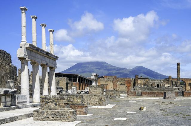 The Forum of Pompeii with Vesuvius behind the columns