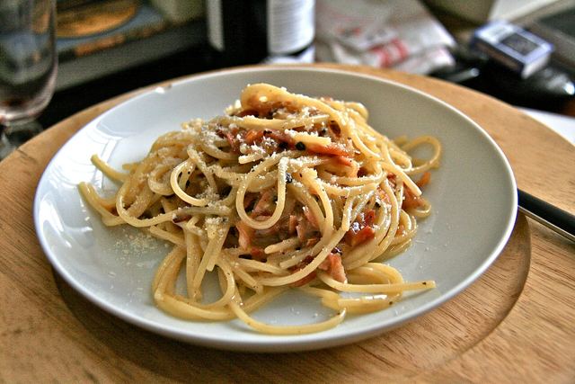 A plate of carbonara, the dish every Rome food tour and pasta class ends on