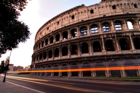 The Colosseum from the road: buses pass it, but the Colosseo stop is suspended, so get off at the nearest open stop or take Metro B